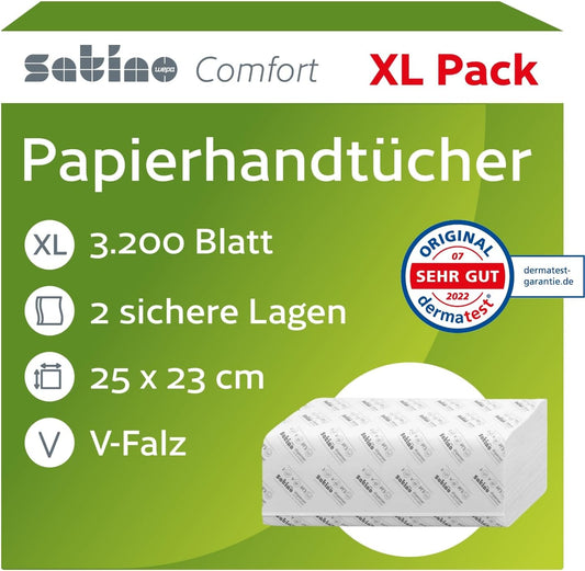 Satino – 3.200 Papierhandtücher – 2 lagig – 25 x 23 cm (gefaltet: 25 x 11,5 cm) – ZZ-Falz/V-Falz - saugstark & fusselfrei - Handtuchpapier aus Recyclingpapier - Papiertücher für PT3 & H3 – Papier