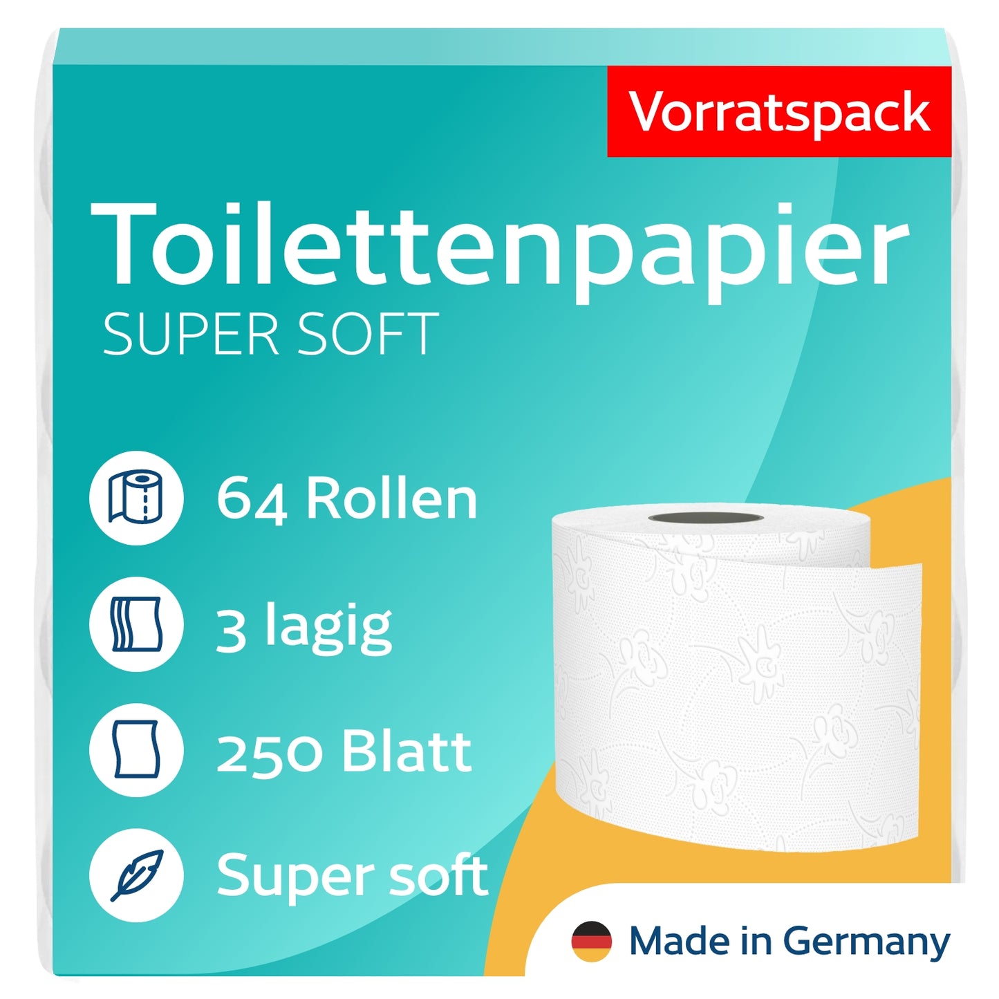 64 Rollen Toilettenpapier 3-lagig – 250 Blatt pro Rolle – 100% Zellstoff